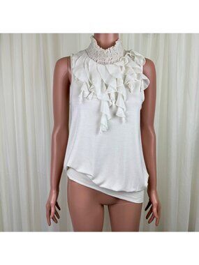 August Silk Ruffle Smock Neck Sleeveless Blouse White Rayon Stretch Top Size MD